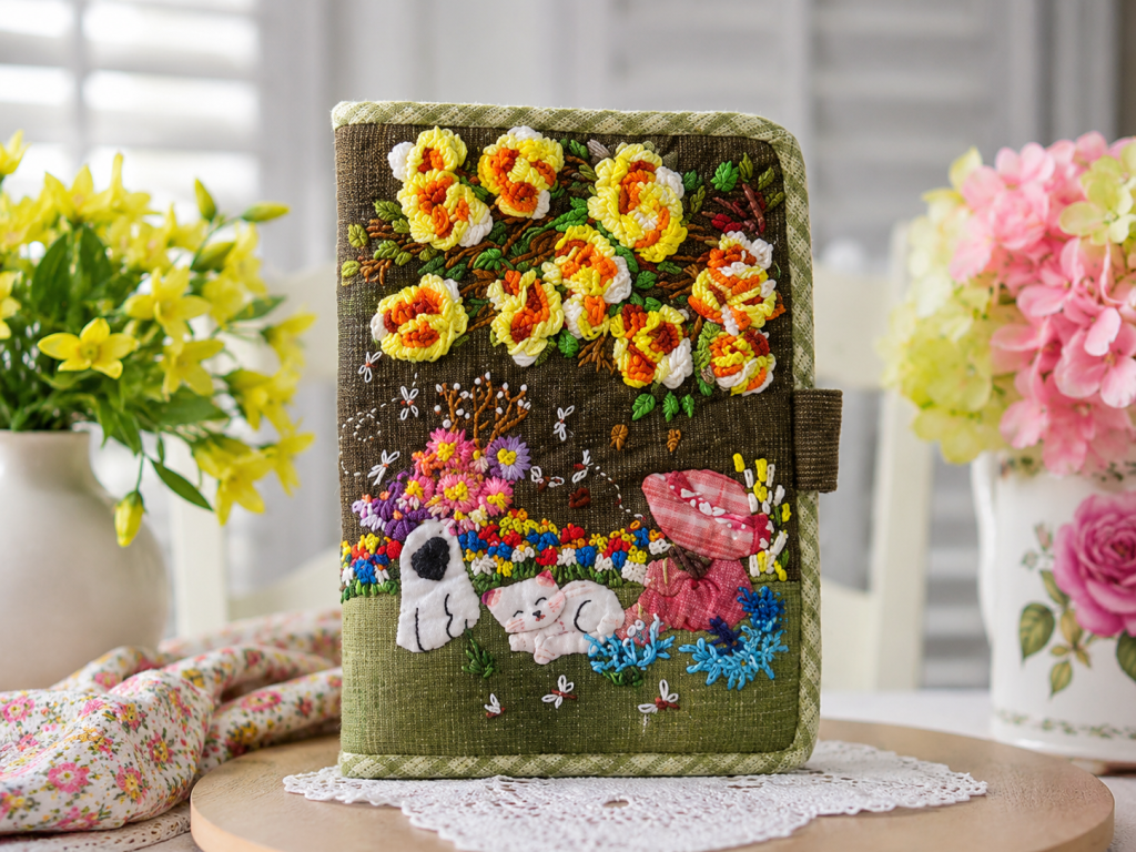 Handmade appliqué tablet and notebook cover featuring floral embroidery, cottage-style design, and soft padded protection.