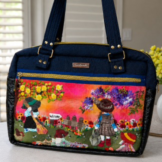 Handmade floral appliqué iPad and notebook shoulder bag with colorful garden design and zippered front pocket.