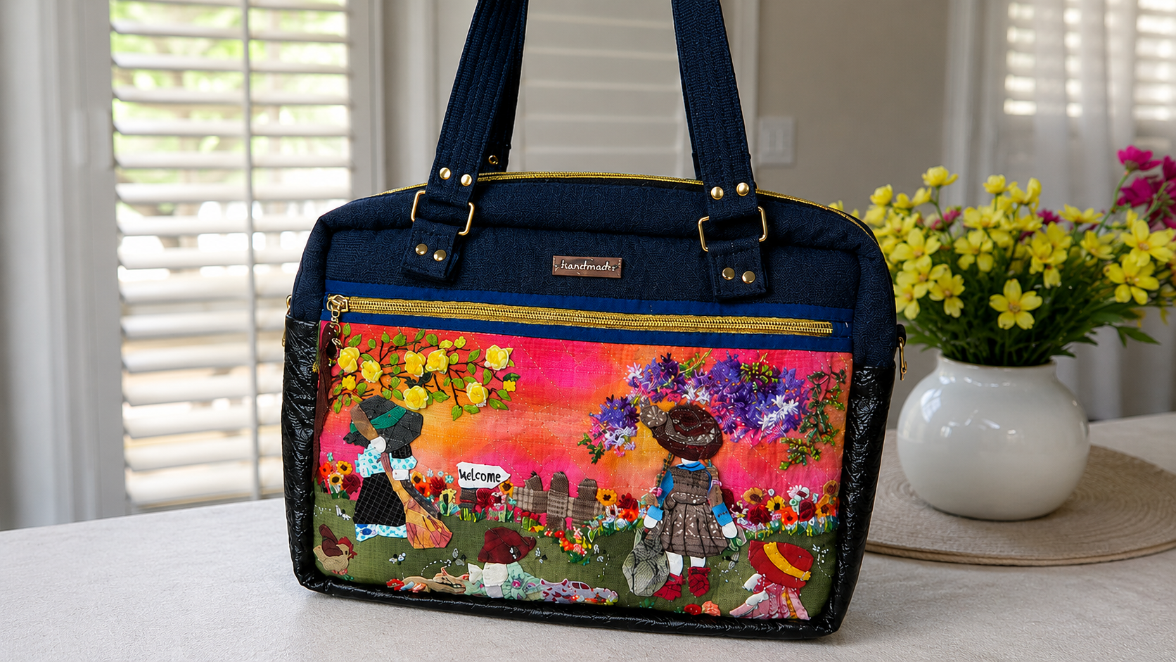 Handmade floral appliqué iPad and notebook shoulder bag with colorful garden design and zippered front pocket.