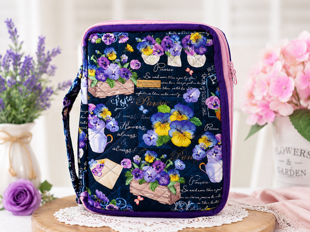 Handmade floral tablet and notebook cover featuring purple pansy flower design and quilted padded protection.