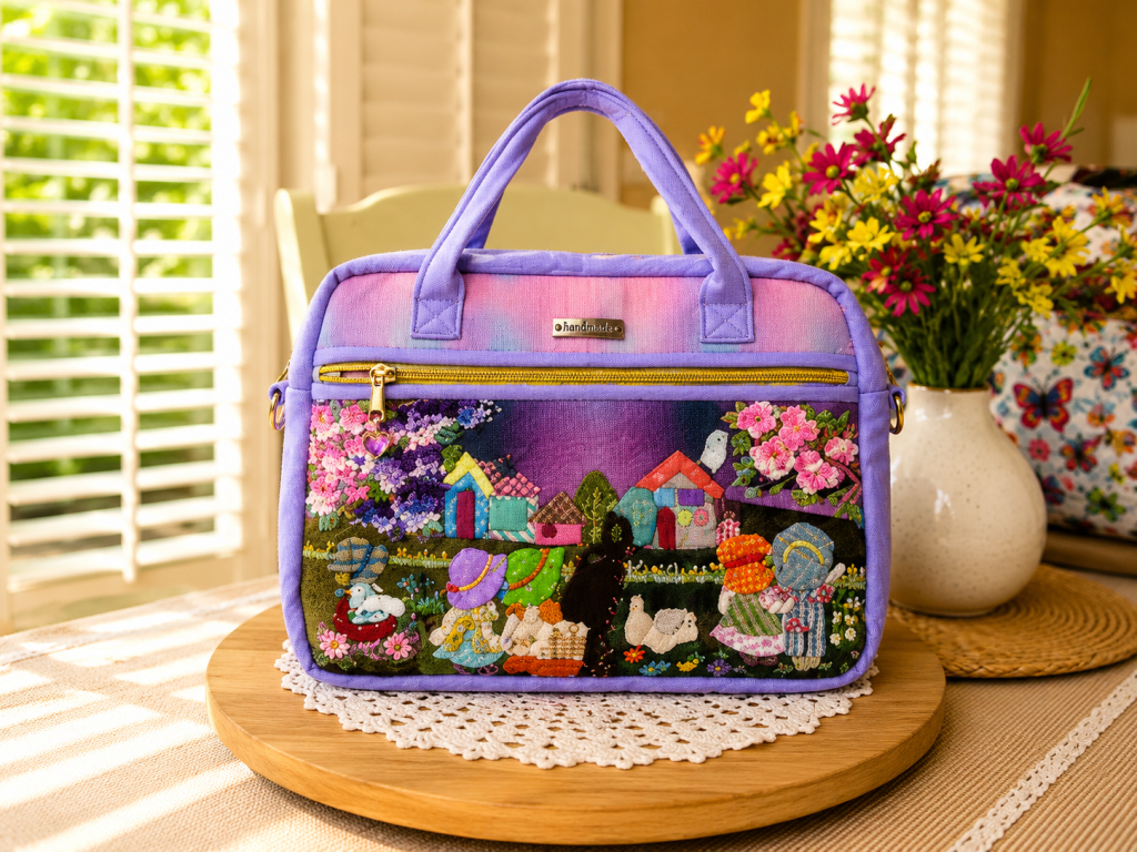 Handmade floral appliqué iPad and notebook bag with whimsical village design
