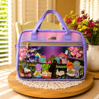 Handmade floral appliqué iPad and notebook bag with whimsical village design