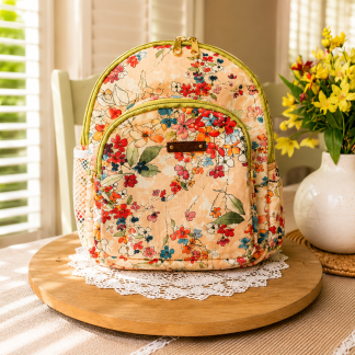 Handmade floral garden mini backpack with quilted fabric, zipper compartments, and boutique-style design.