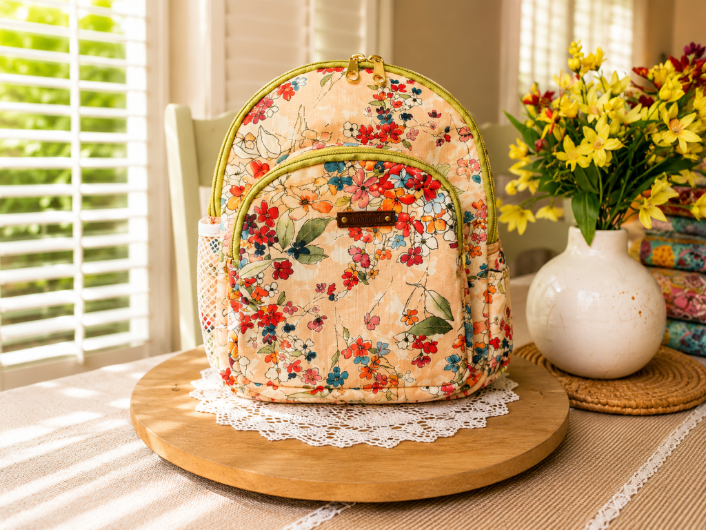 Handmade floral mini backpack featuring elegant rose patterns, quilted stitching, and boutique-style craftsmanship.