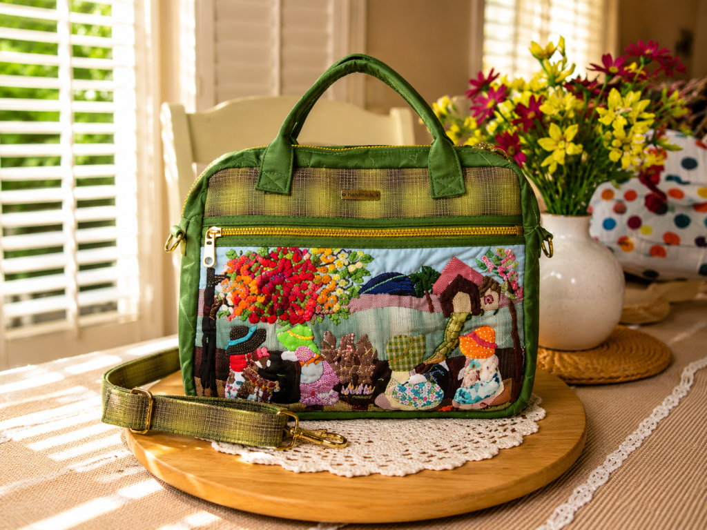 Handmade quilted iPad and notebook bag with country garden floral appliqué design and shoulder strap