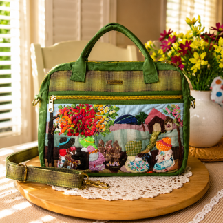Handmade quilted iPad and notebook bag with country garden floral appliqué design and shoulder strap