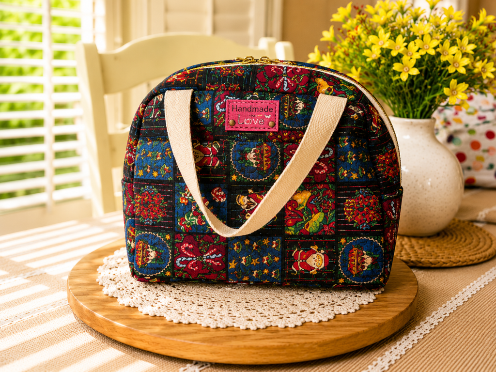 Handmade quilted lunch-box bag with boutique-style craftsmanship and practical everyday storage.