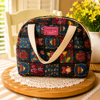 Handmade Christmas quilted lunch tote with festive patchwork fabric and soft cotton handles