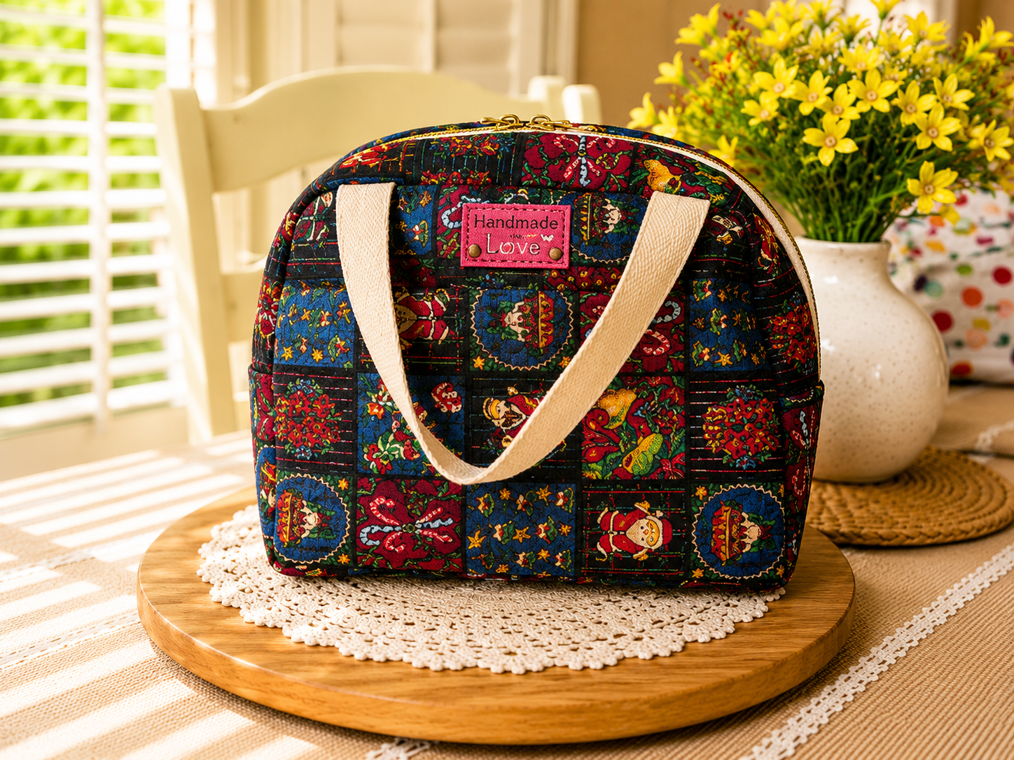 Handmade Christmas quilted lunch tote with festive patchwork fabric and soft cotton handles