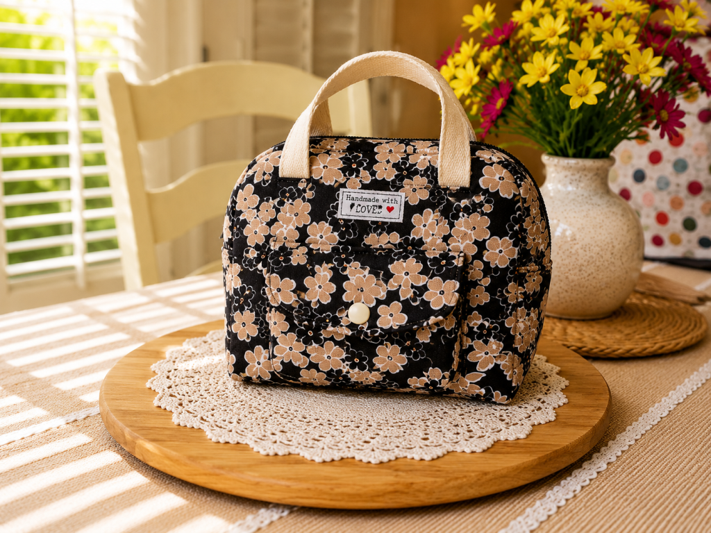 “Handmade floral quilted cotton lunch bag with front pocket and soft handles displayed on wooden table”
