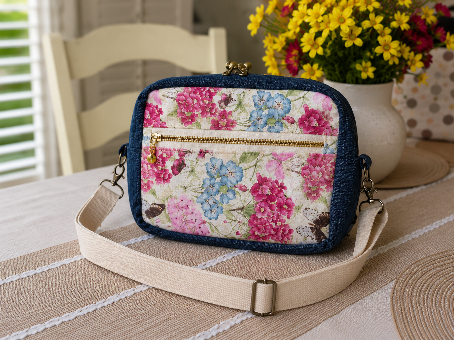 Handmade floral cotton shoulder bag with front zipper pocket and adjustable crossbody strap