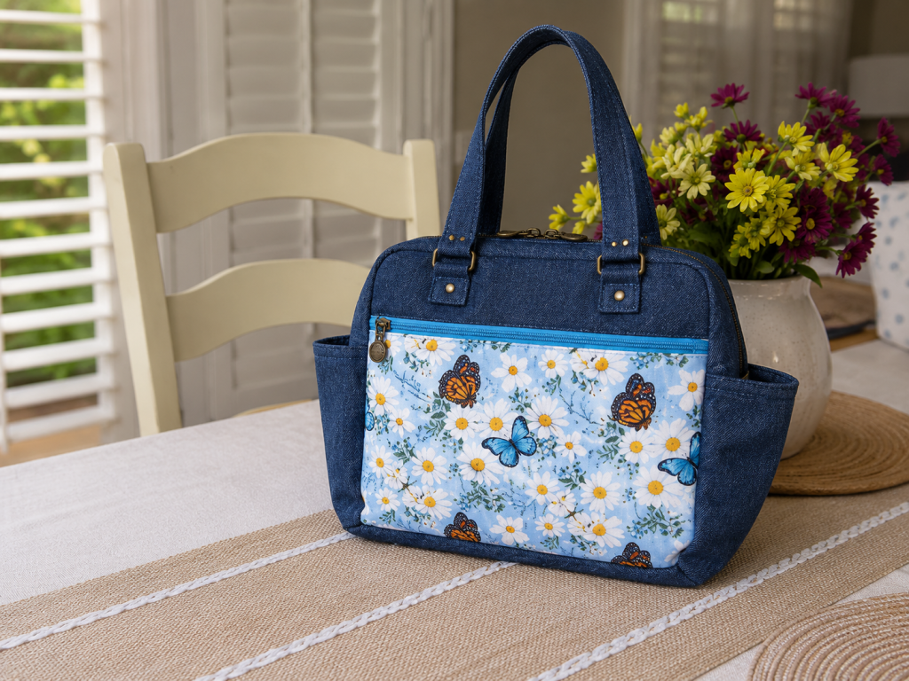 Handmade blue-butterfly floral shoulder bag with front pocket and quilted fabric design.
