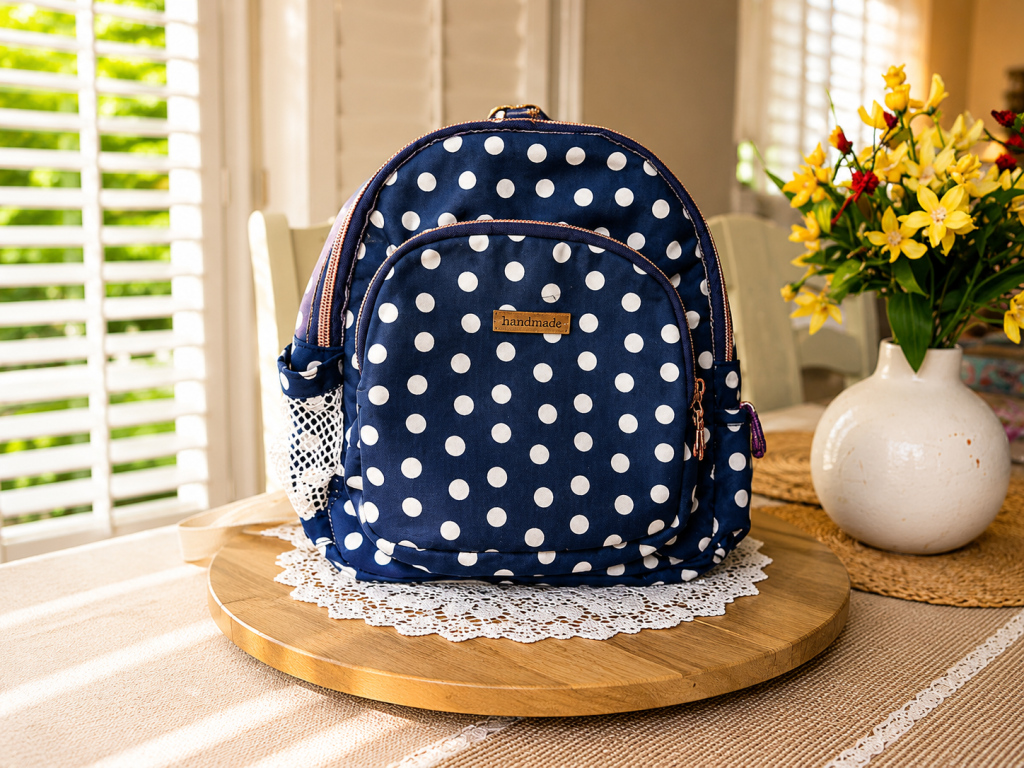 Handmade floral mini backpack featuring quilted fabric, boutique-style craftsmanship, and practical everyday storage.
