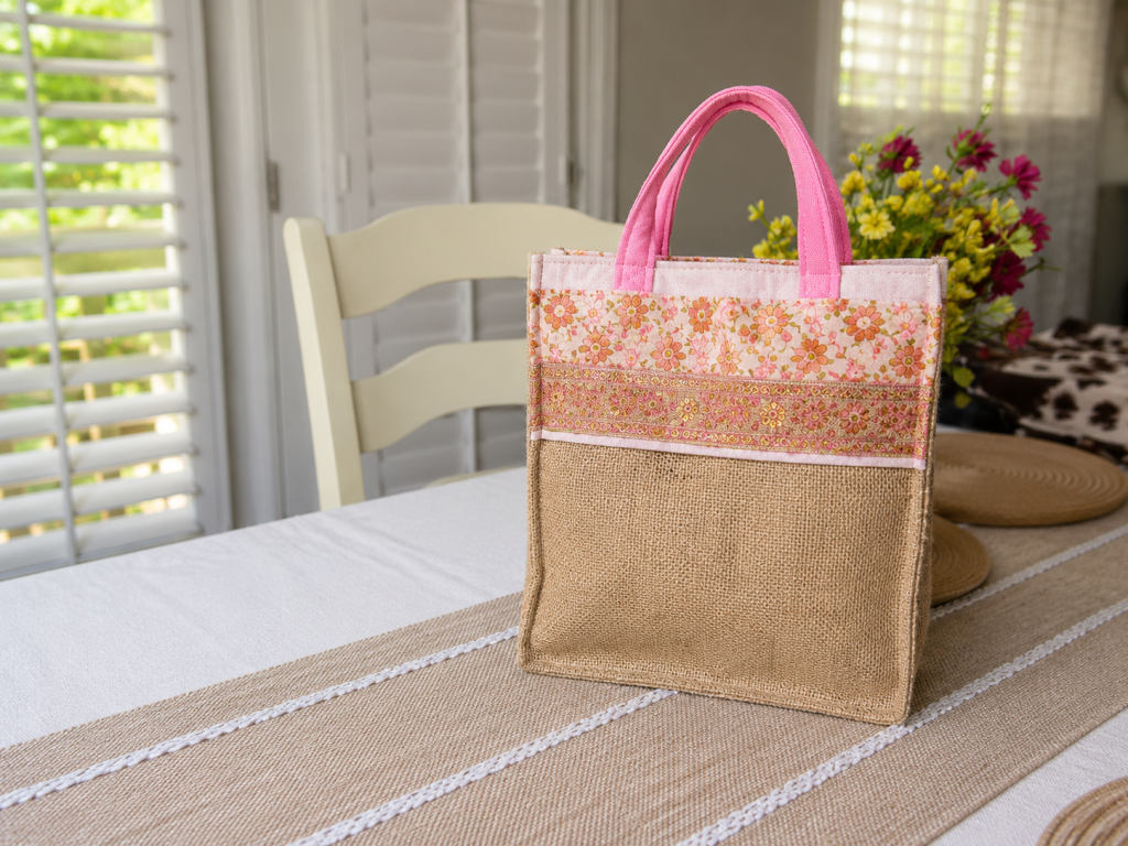 Handmade burlap-material with floral design shoulder bag with front pocket and quilted fabric design.