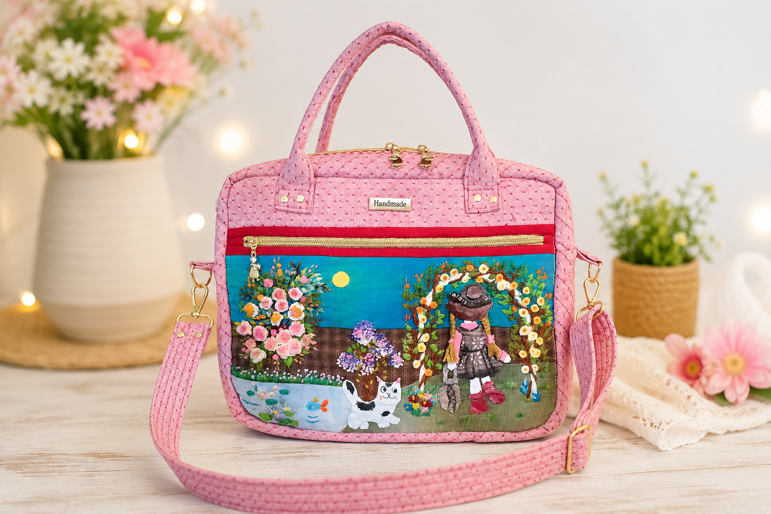 Handmade pink quilted iPad and notebook bag featuring colorful floral embroidery, decorative garden scene artwork, front zipper pocket, and sturdy carry handles