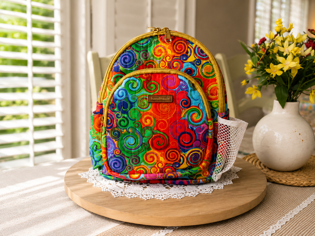Handmade floral mini backpack featuring quilted fabric, boutique-style craftsmanship, and practical everyday storage.