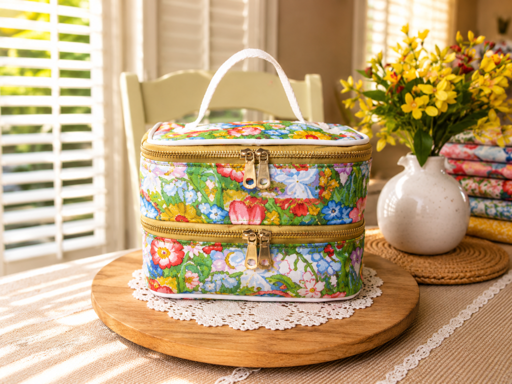 Double stack handmade lunch bag with floral quilted fabric and dual zipper compartments.