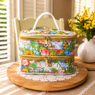 Handmade floral double-decker lunch bag with waterproof polyester fabric and dual zippered compartments