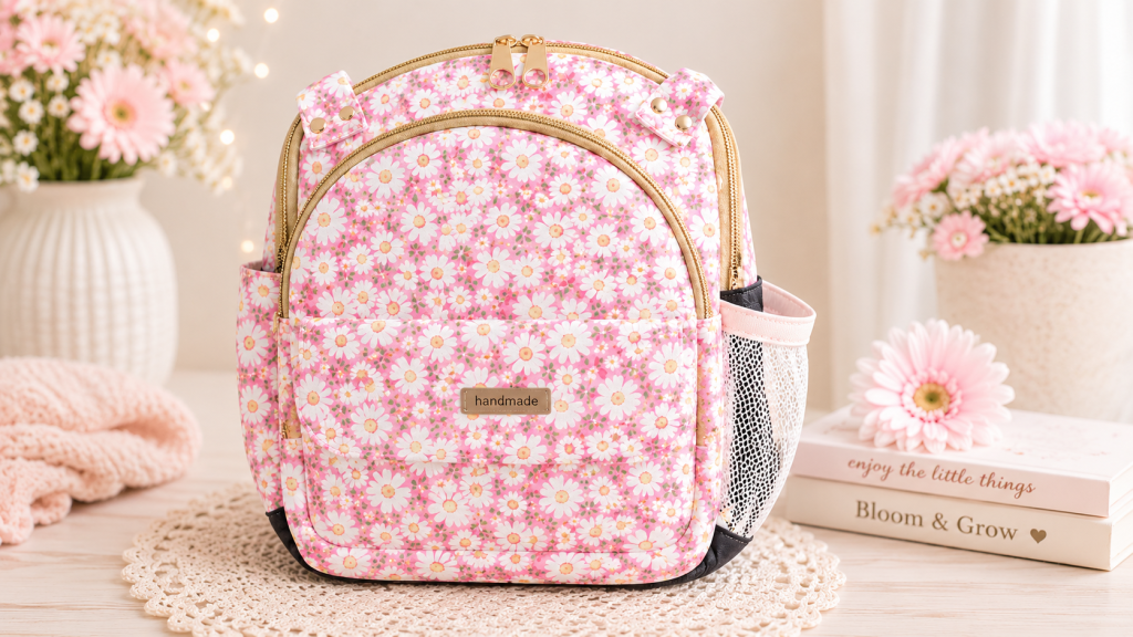 Handmade floral mini backpack featuring elegant rose patterns, quilted stitching, and boutique-style craftsmanship.
