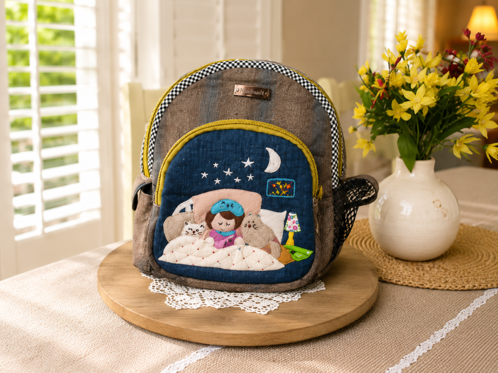 Handmade floral mini backpack with colorful applique design, quilted fabric, and practical everyday storage.