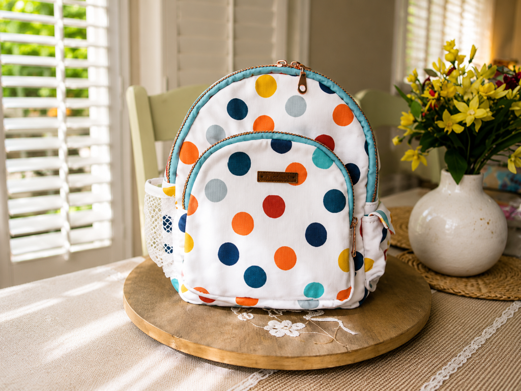 Handmade floral mini backpack featuring elegant poky-Dot patterns, quilted stitching, and boutique-style craftsmanship.