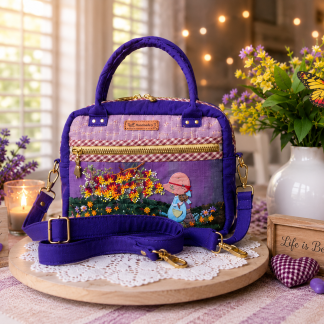 Handmade floral appliqué handbag crafted from Japanese woven fabric with purple accents and removable shoulder strap.