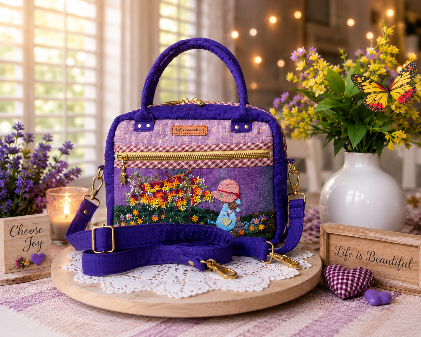 Handmade floral appliqué handbag crafted from Japanese woven fabric with purple accents and removable shoulder strap.