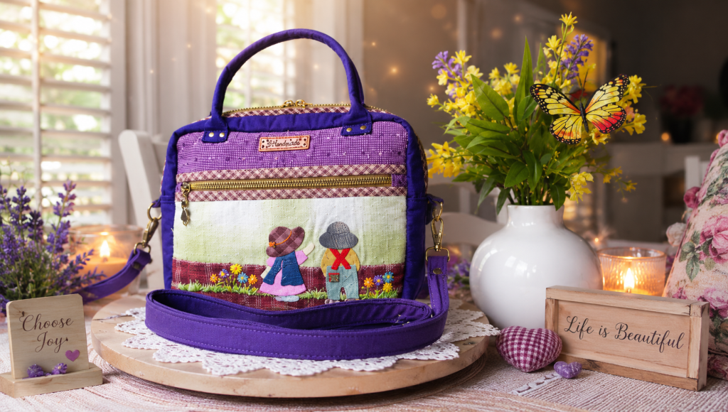 Handmade Japanese woven appliqué handbag with embroidered countryside design and shoulder strap.