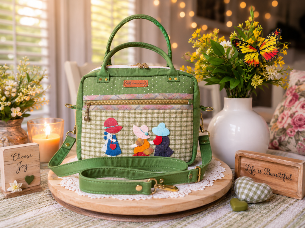 Handmade friendship appliqué handbag crafted from Japanese woven fabric featuring three friends and green boutique styling.