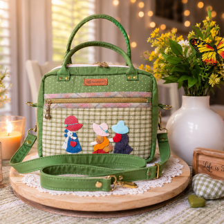 Handmade friendship appliqué handbag crafted from Japanese woven fabric featuring three friends and green boutique styling.