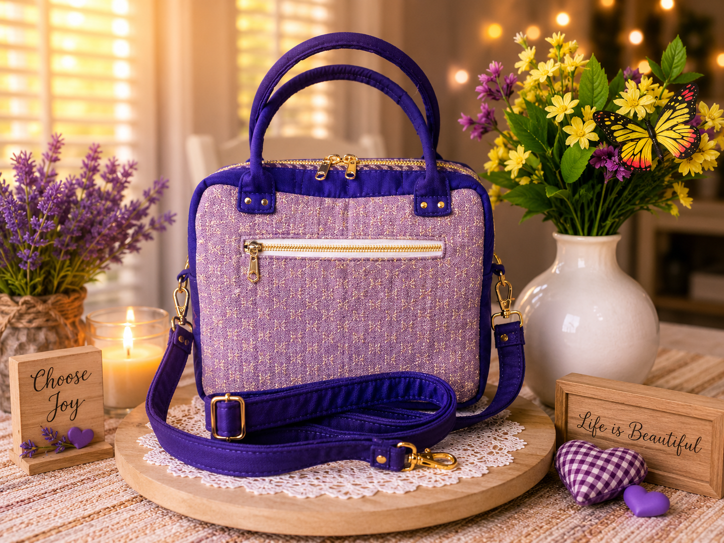 Handmade floral appliqué handbag crafted from Japanese woven fabric with purple accents and removable shoulder strap.