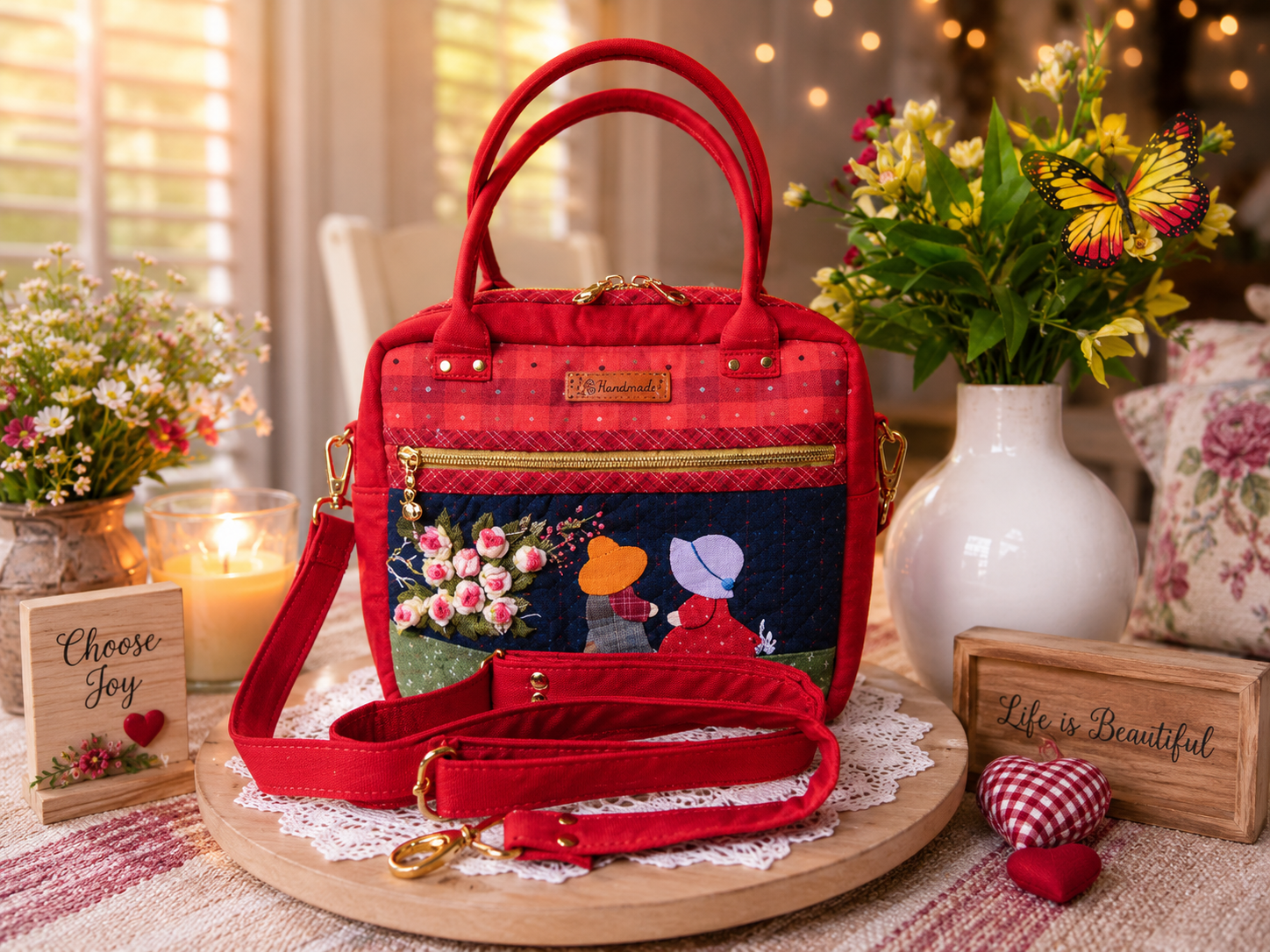 Handmade floral friendship appliqué handbag crafted from Japanese woven fabric featuring two friends and blooming flowers.