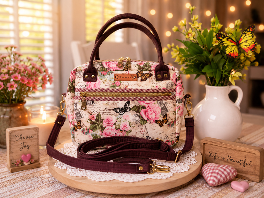 Handmade vintage floral butterfly handbag crafted from Japanese woven fabric with burgundy trim and shoulder strap.