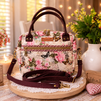 Handmade vintage floral butterfly handbag crafted from Japanese woven fabric with burgundy trim and shoulder strap.