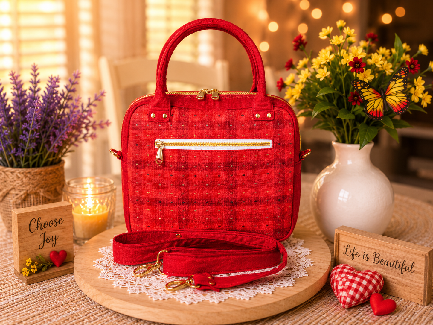 Handmade floral friendship appliqué handbag crafted from Japanese woven fabric featuring two friends and blooming flowers.