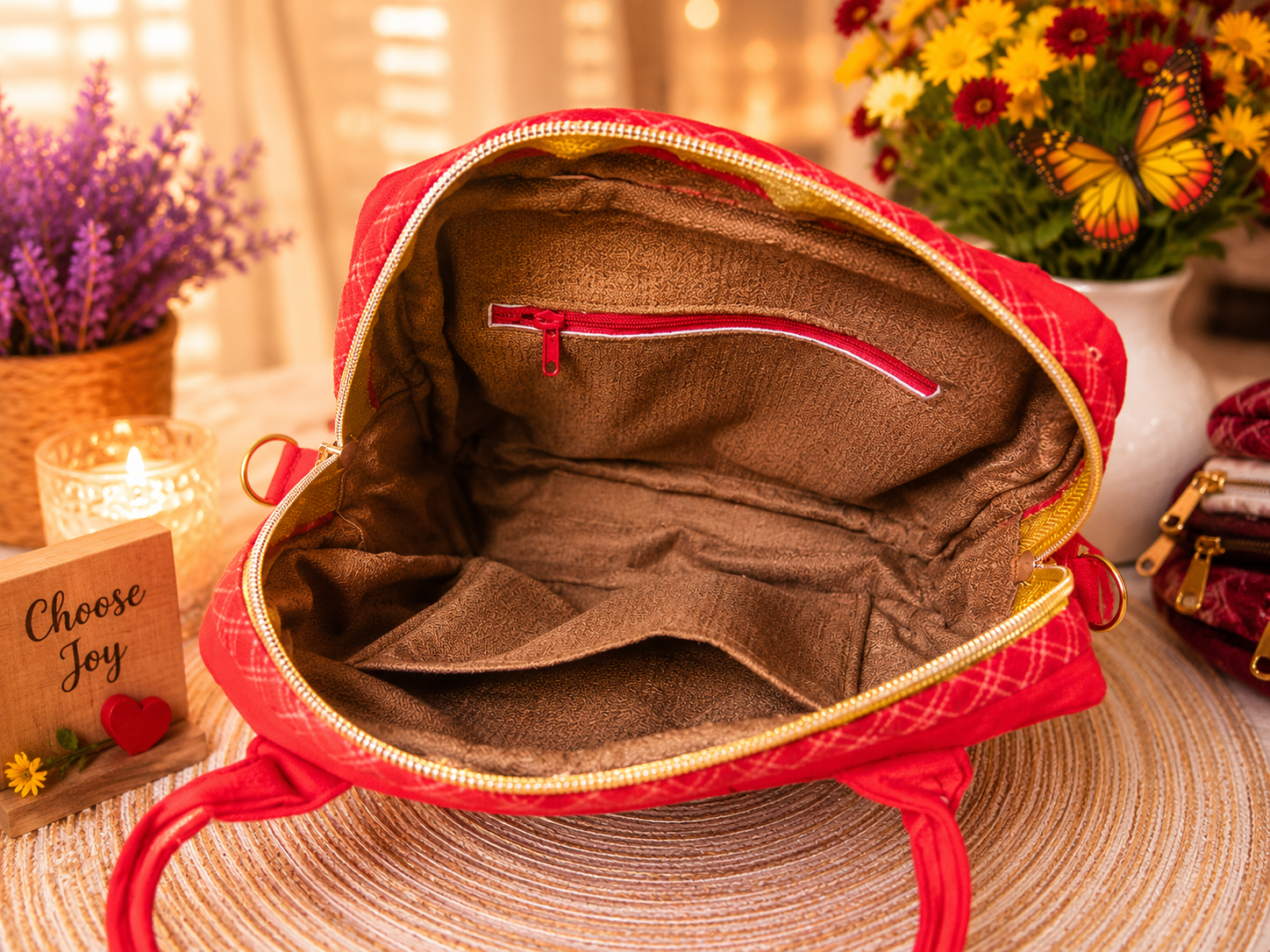 Interior of handmade floral friendship appliqué handbag showing zippered pocket, open slip pocket, and lined compartment.