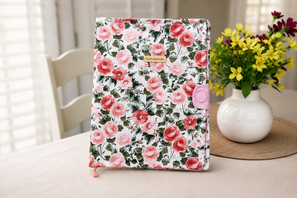 Handmade floral iPad and notebook cover with pink rose pattern and soft padded handmade design.
