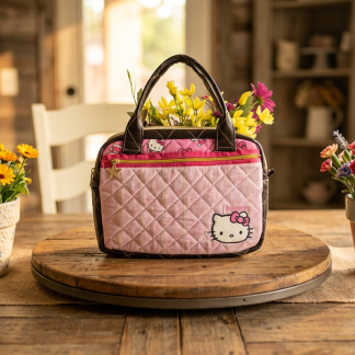 Handmade pink floral iPad and notebook bag with quilted fabric, zippered closure, sturdy handles, and boutique handmade craftsmanship.