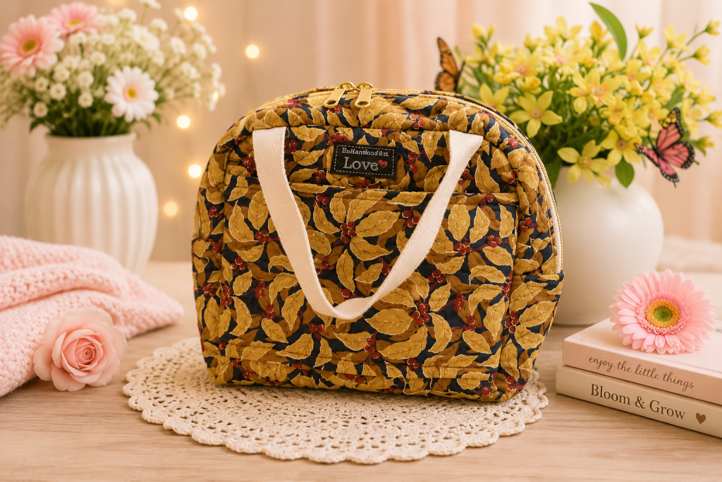 Handmade Beautiful floral design Lunch/Box Quilted material for long lasting.