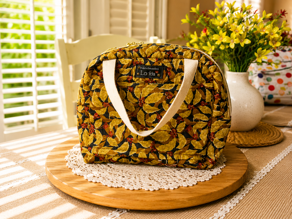 Handmade autumn floral lunch bag with quilted fabric and carry handles.