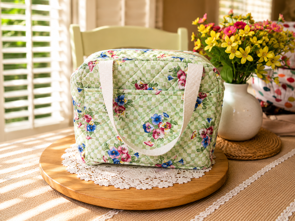 Handmade autumn floral lunch bag with quilted fabric and carry handles.