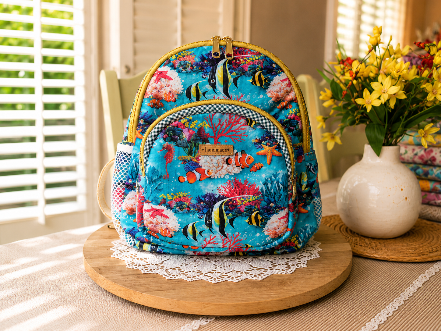 Handmade ocean life mini backpack featuring colorful tropical fish artwork and boutique-style craftsmanship displayed beside decorative flowers indoors.