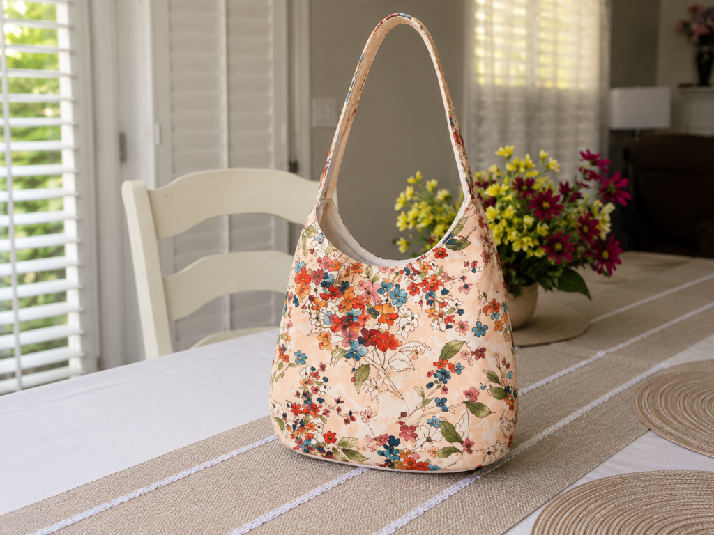 Handmade soft-pink floral shoulder bag with front pocket and cotton fabric design.
