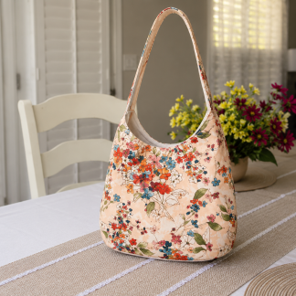 Handmade floral hobo shoulder bag with soft cotton fabric and relaxed boutique-style design