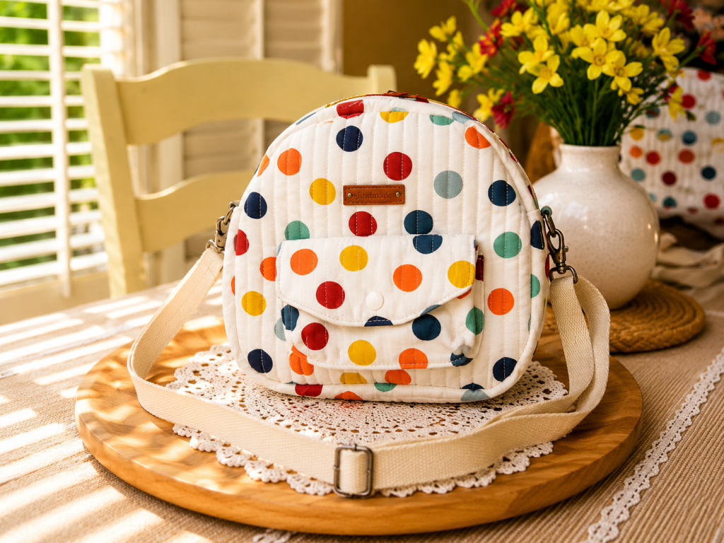 Handmade beautiful mulit color Poky-Dot shoulder bag with front pocket and quilted fabric design.