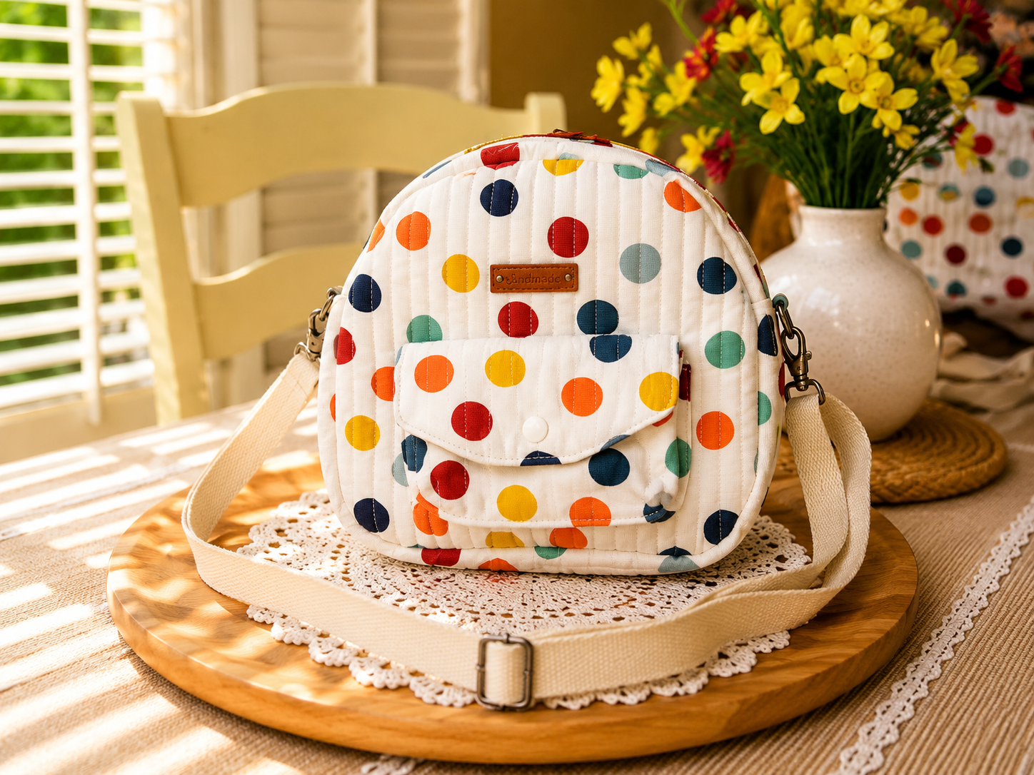 Handmade colorful polka dot shoulder bag with adjustable strap and quilted cotton design
