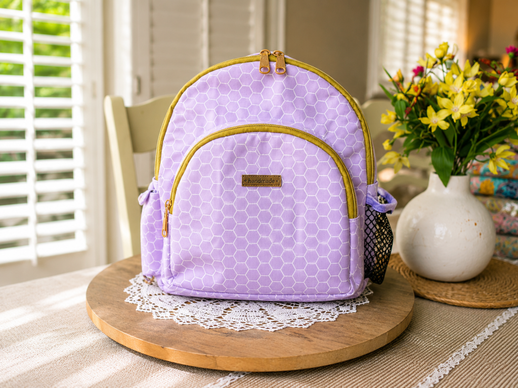 Handmade floral mini backpack featuring elegant purple designed  patterns, quilted stitching, and boutique-style craftsmanship.