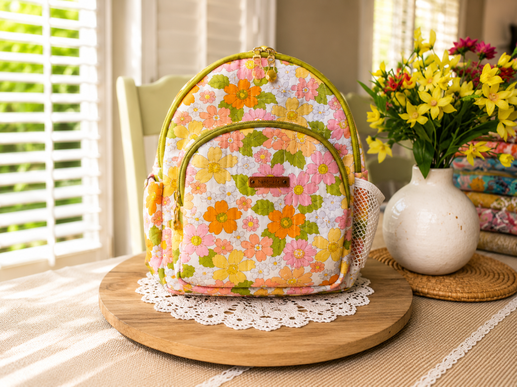 Handmade floral mini backpack featuring quilted fabric, boutique-style craftsmanship, and practical everyday storage.
