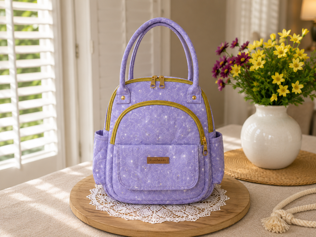 Handmade floral mini backpack featuring quilted fabric, boutique-style craftsmanship, and practical everyday storage.
