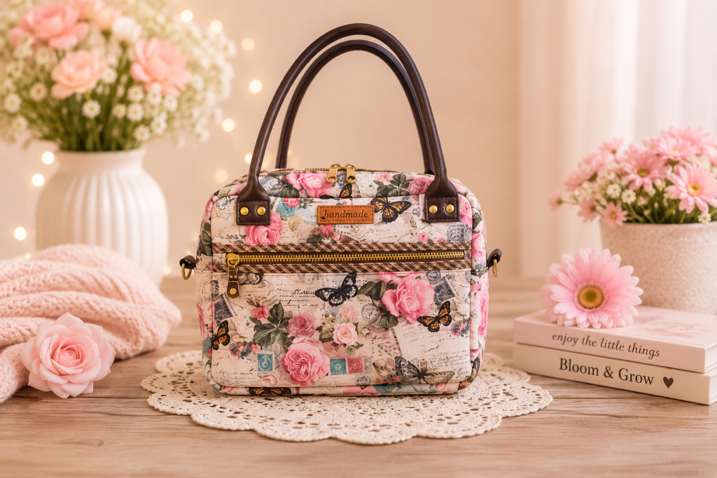 Handmade Beautiful Floral Shoulder Bag. Front Zipper Spacious inside Pockets